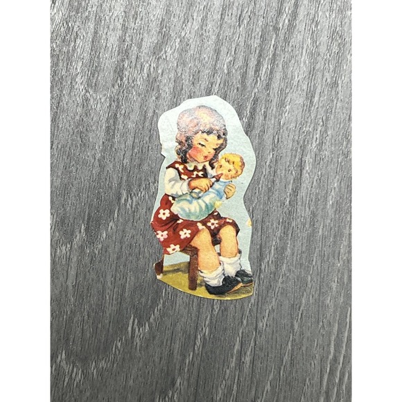 Other - Vintage Die Cut Paper Scrap Little Girl Holding Baby Illustration Ephemera